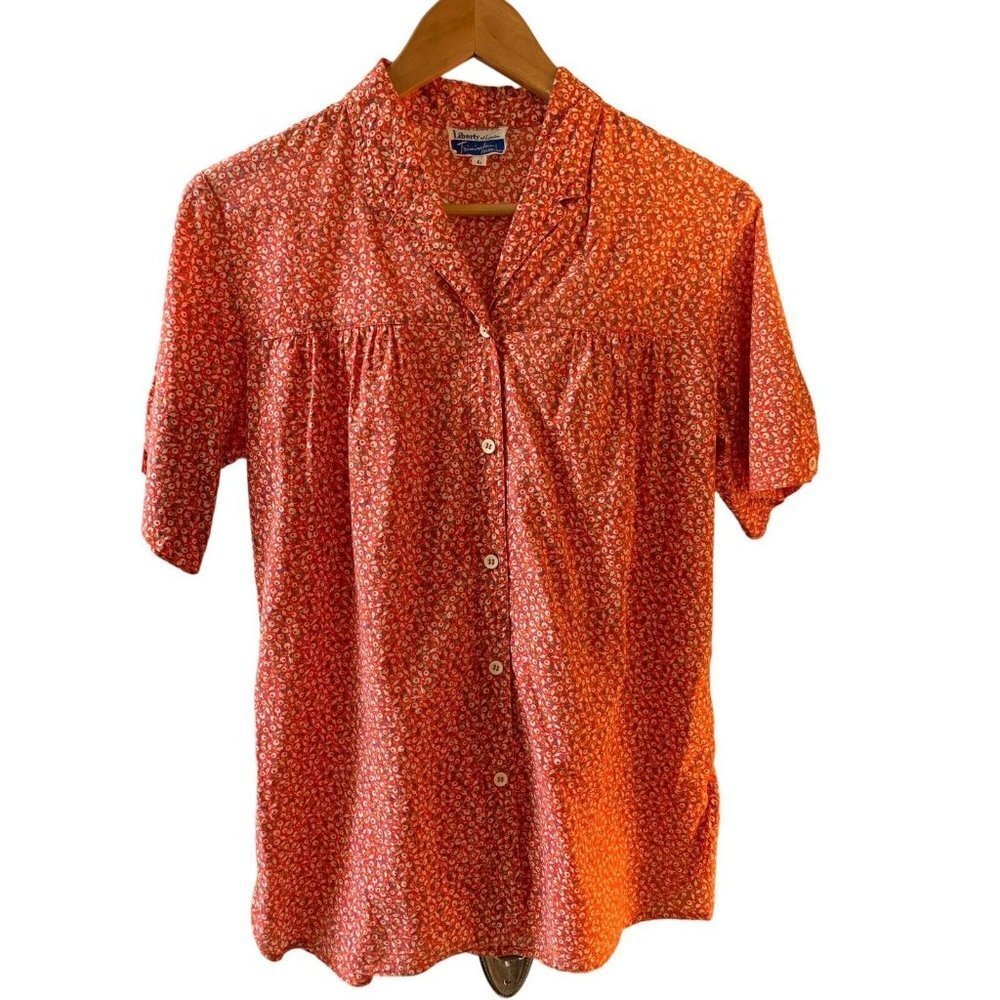 Liberty of London Vintage Womens Tana Lawn Triminghaus Red Short Sleeve Blouse L
